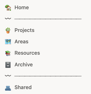 My primary structure in Notion with an archive folder