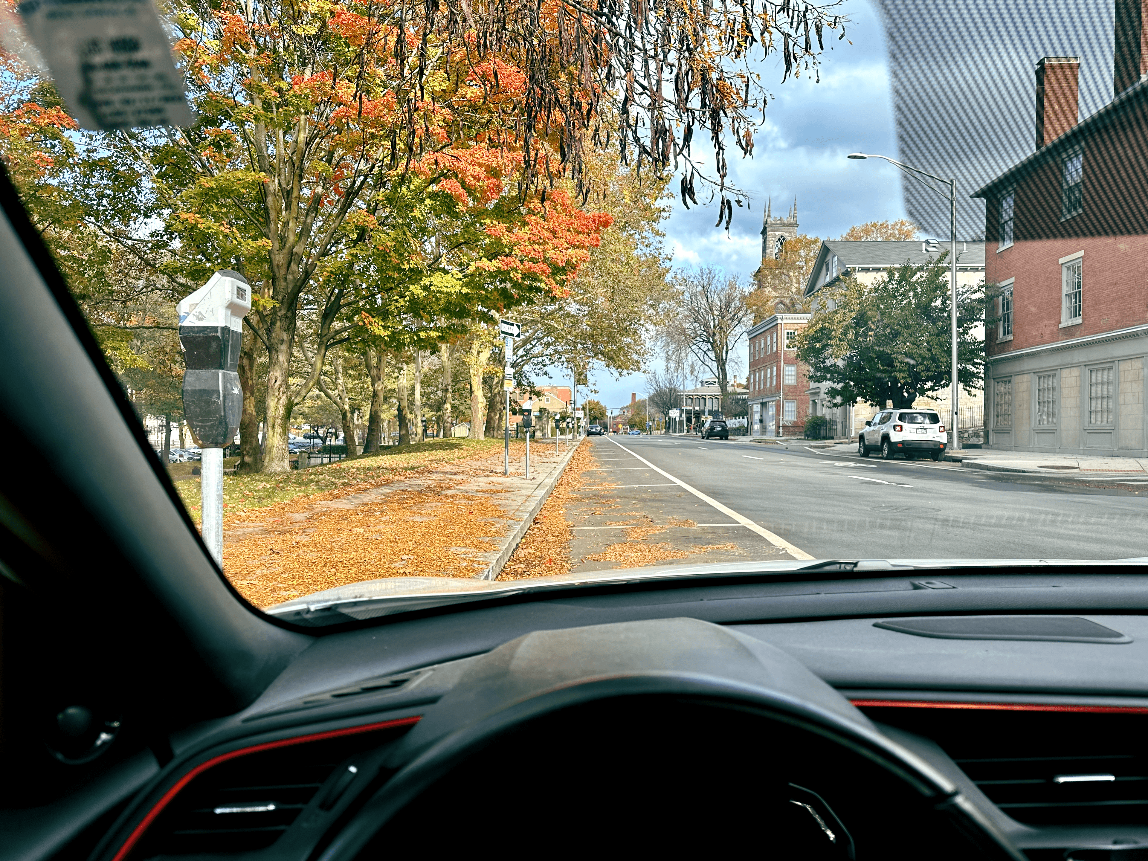 View from a car of leaves on the street in Providence, Rhode Island