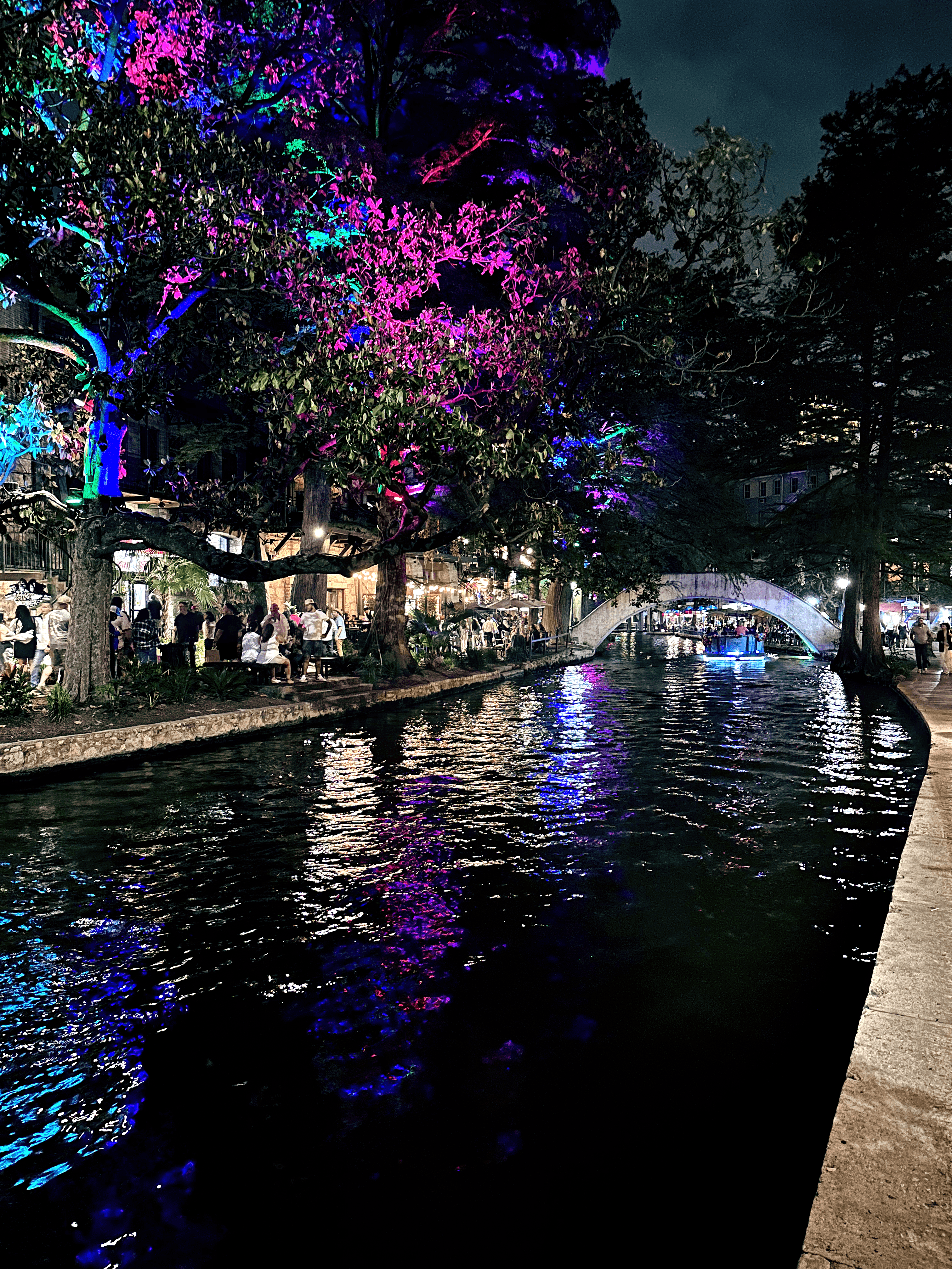 San Antonio River Walk at night with lights in the trees