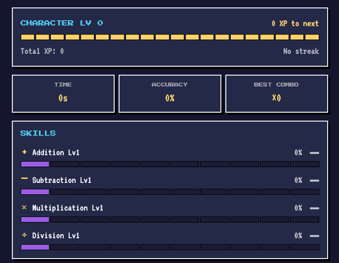 Screenshot of Math Lab, an 8-bit mental math training tool.