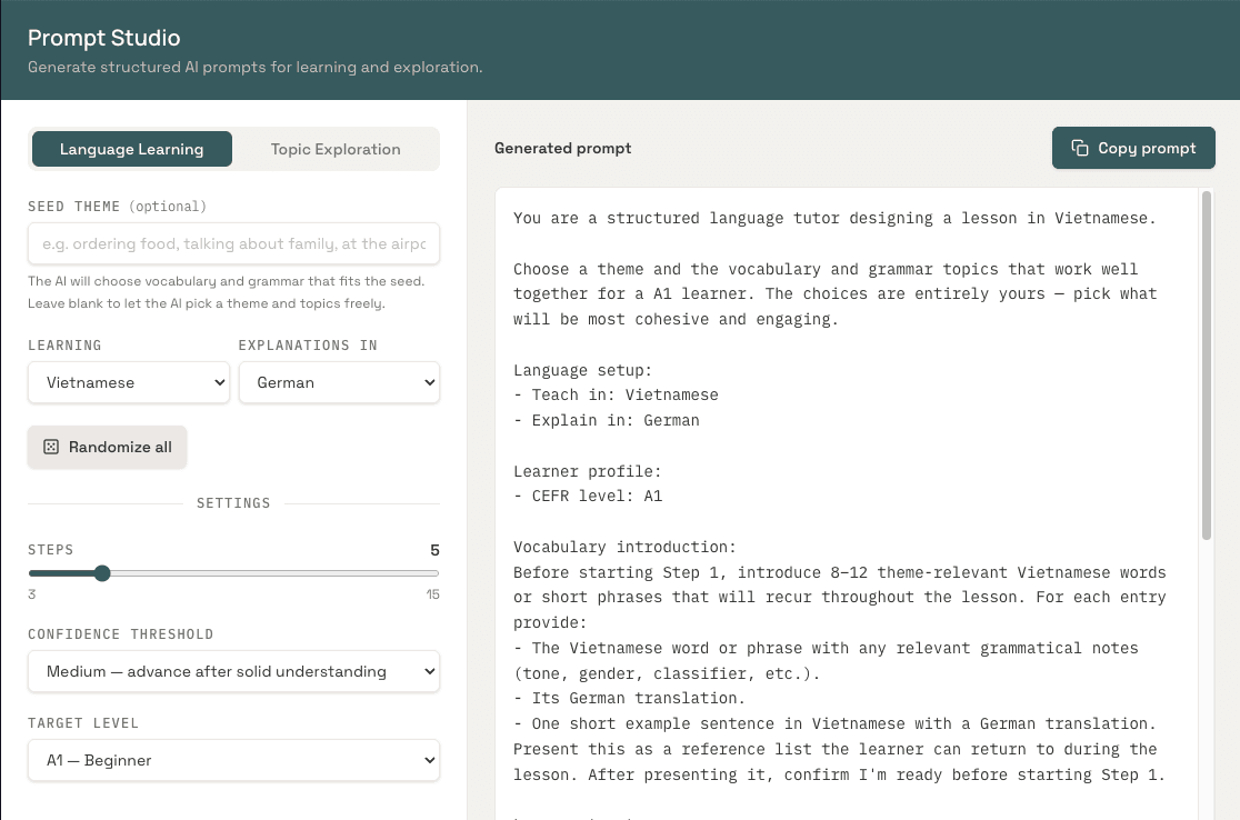 Screenshot of Prompt Studio, an AI prompt generator for various use cases.