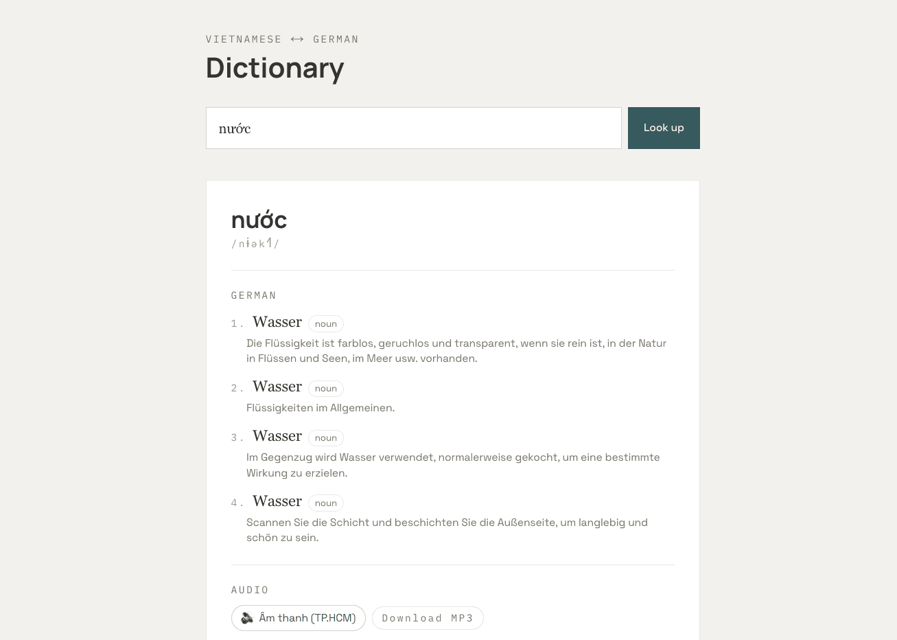 Screenshot of the VN↔DE Dictionary, a Vietnamese-German dictionary tool