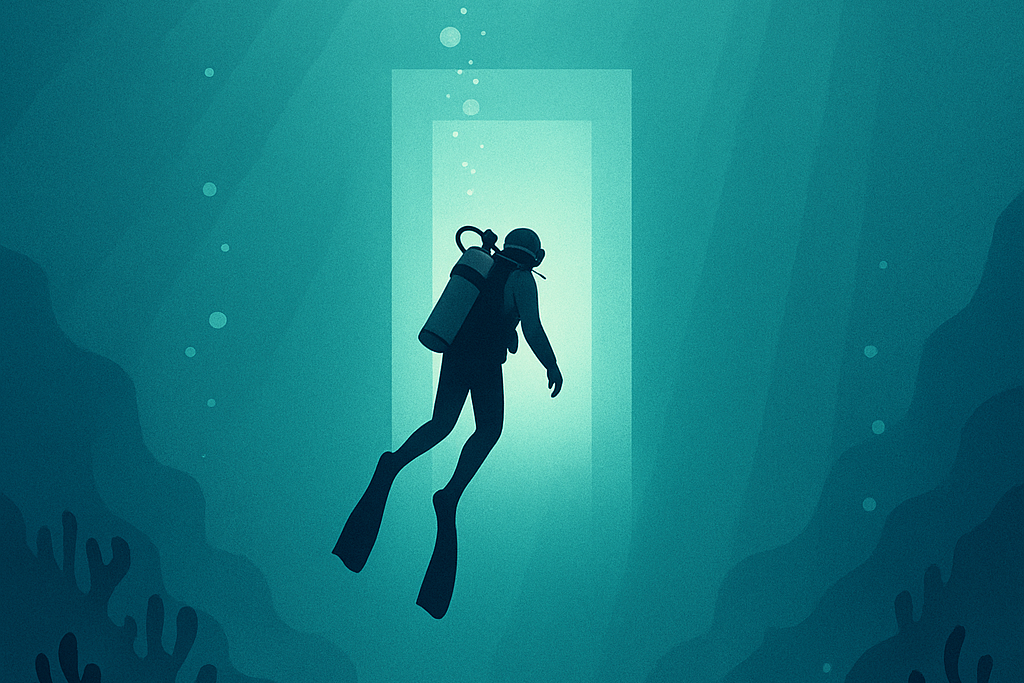 Drawing of SCUBA diver swimming into an underwater door of light