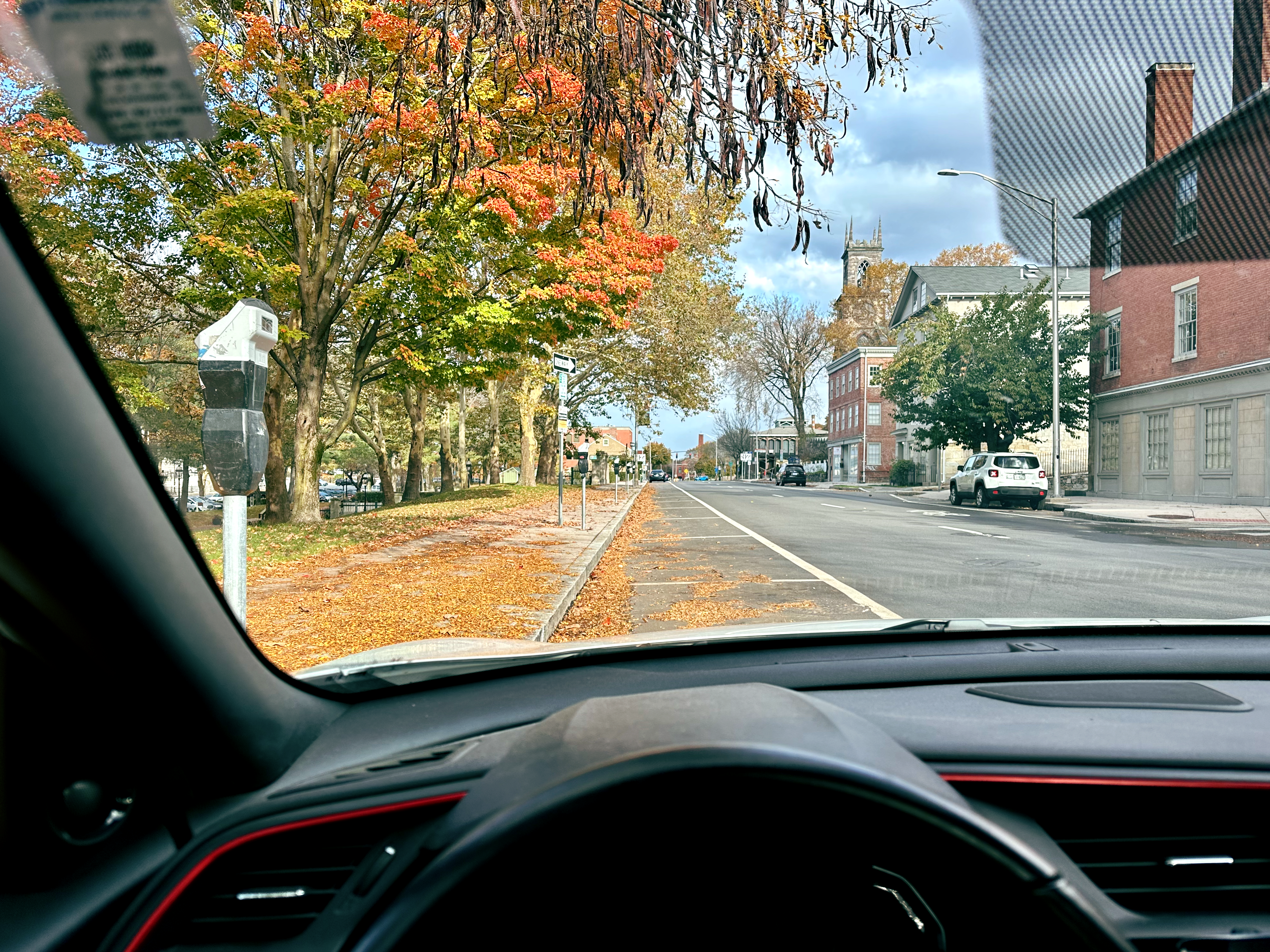 View from a car of leaves on the street in Providence, Rhode Island